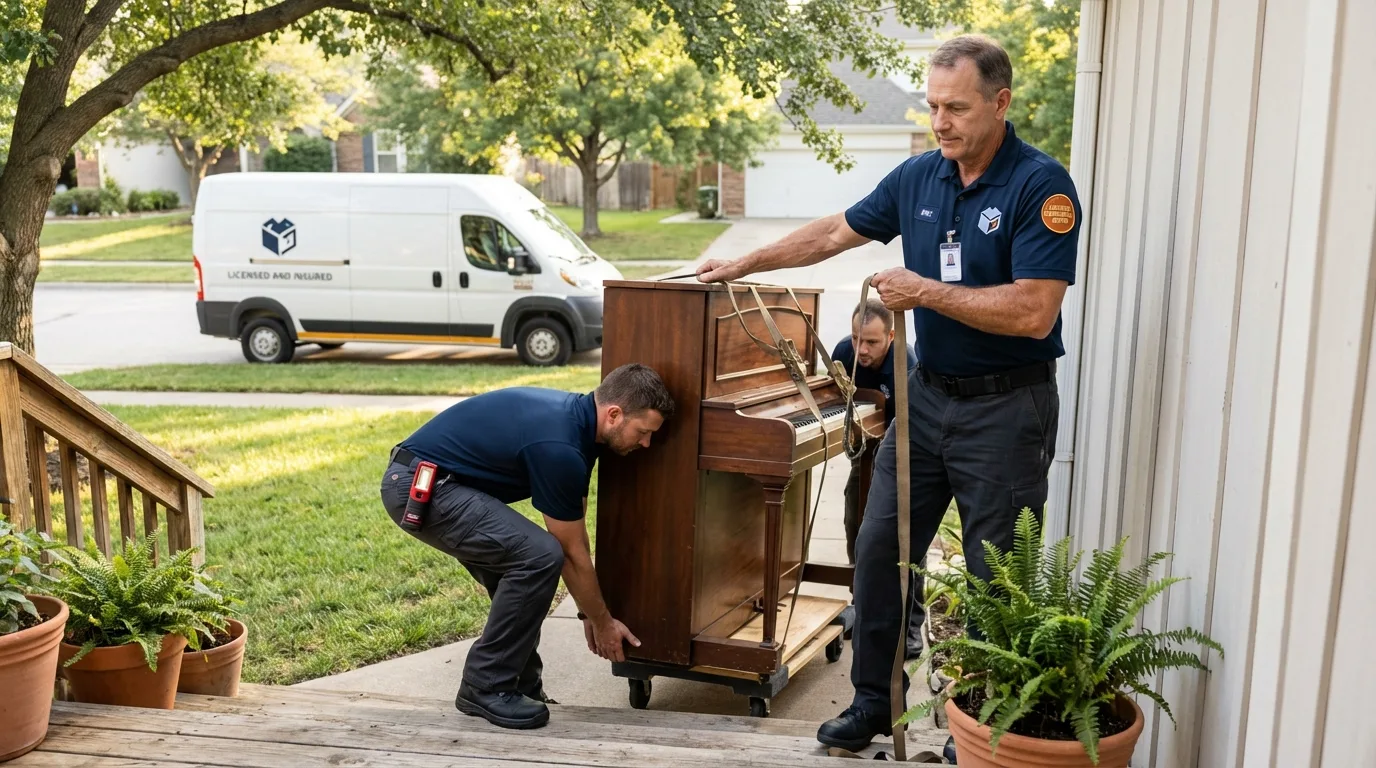 Licensed piano movers securing grand piano in Middletown, OH